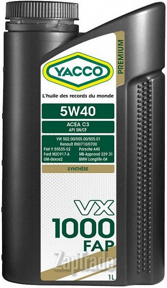 Купить моторное масло Yacco VX 1000 FAP Синтетическое | Артикул 302525